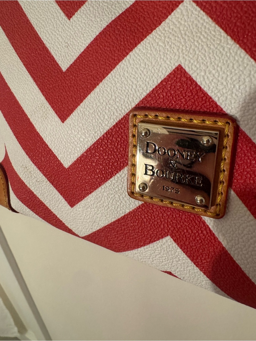 Dooney & Bourke Red and White Chevron Satchel with Tan Trim - Picture 4 of 10